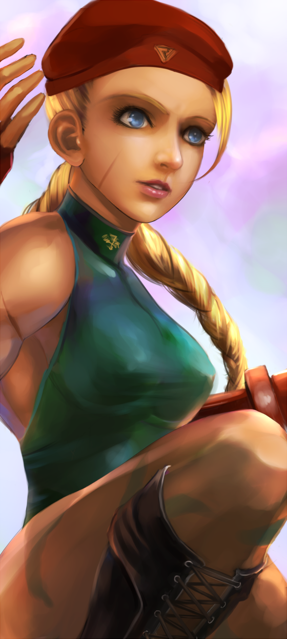 Safebooru 1girl Beret Blonde Hair Blue Eyes Boots Braid Breasts Cammy White Close Up Cross