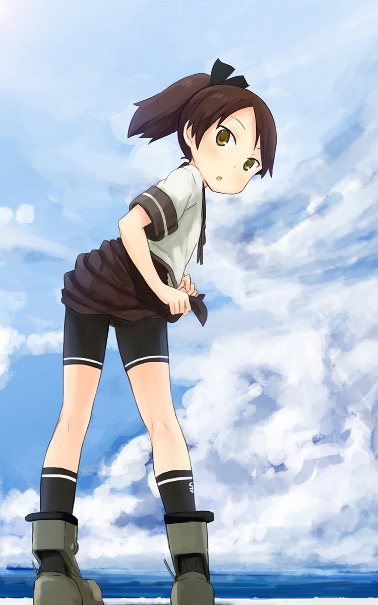 Safebooru 1girl O Abe Kanari Bike Shorts Boots Brown Eyes Brown Hair Clouds Hair Ribbon 7118