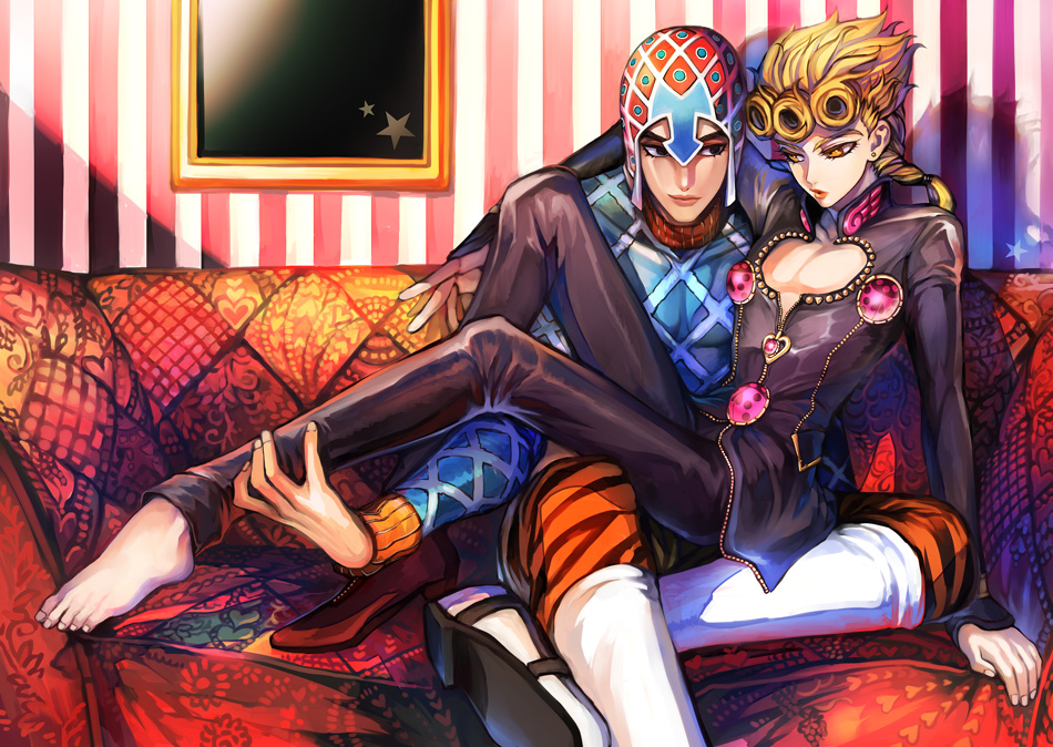 androgynous barefoot black_eyes blonde_hair couch giorno_giovanna guido_mis...