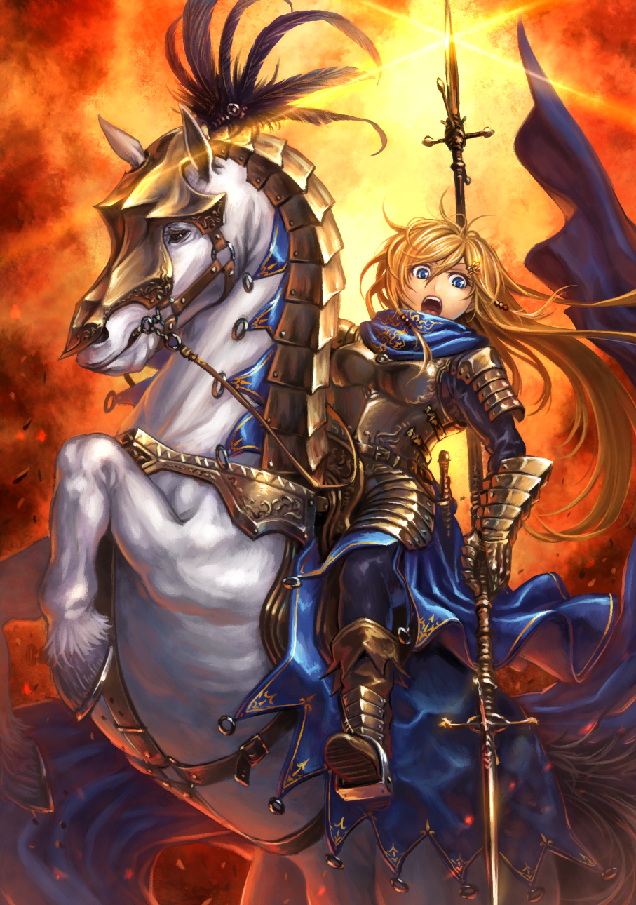 Safebooru 1girl Armor Blonde Hair Blue Eyes Boots Breastplate Fire Full Armor Gauntlets 