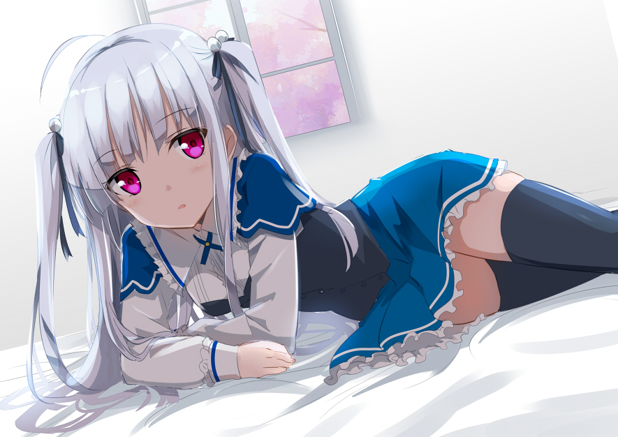 ...thigh-highs twintails very_long_hair white_hair window yurie_sigtuna zet...