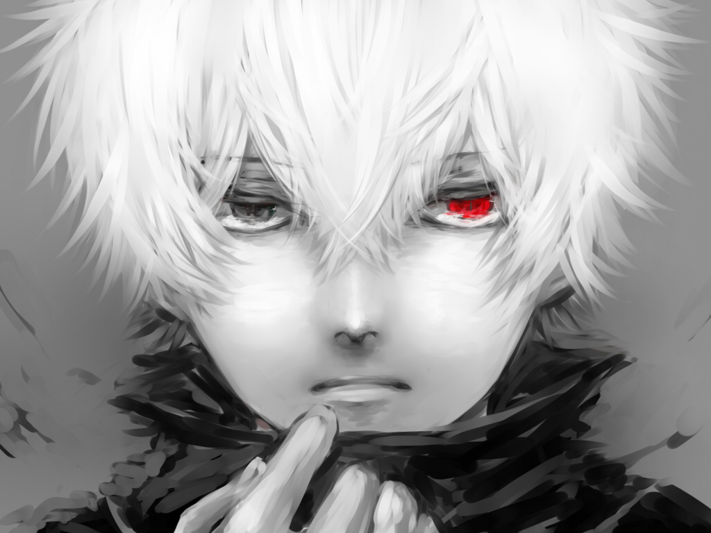 1boy bust heterochromia kaneki_ken looking_at_viewer mask monochrome red_ey...