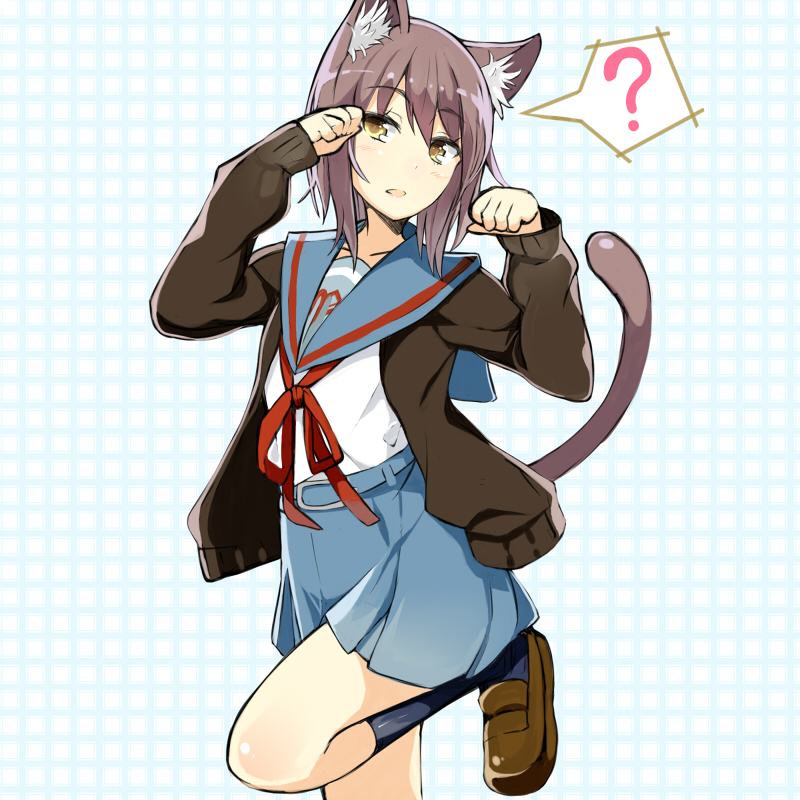 1girl animal_ears cardigan cat_ears nagato_yuki paw_pose q(a72pgc) school_u...