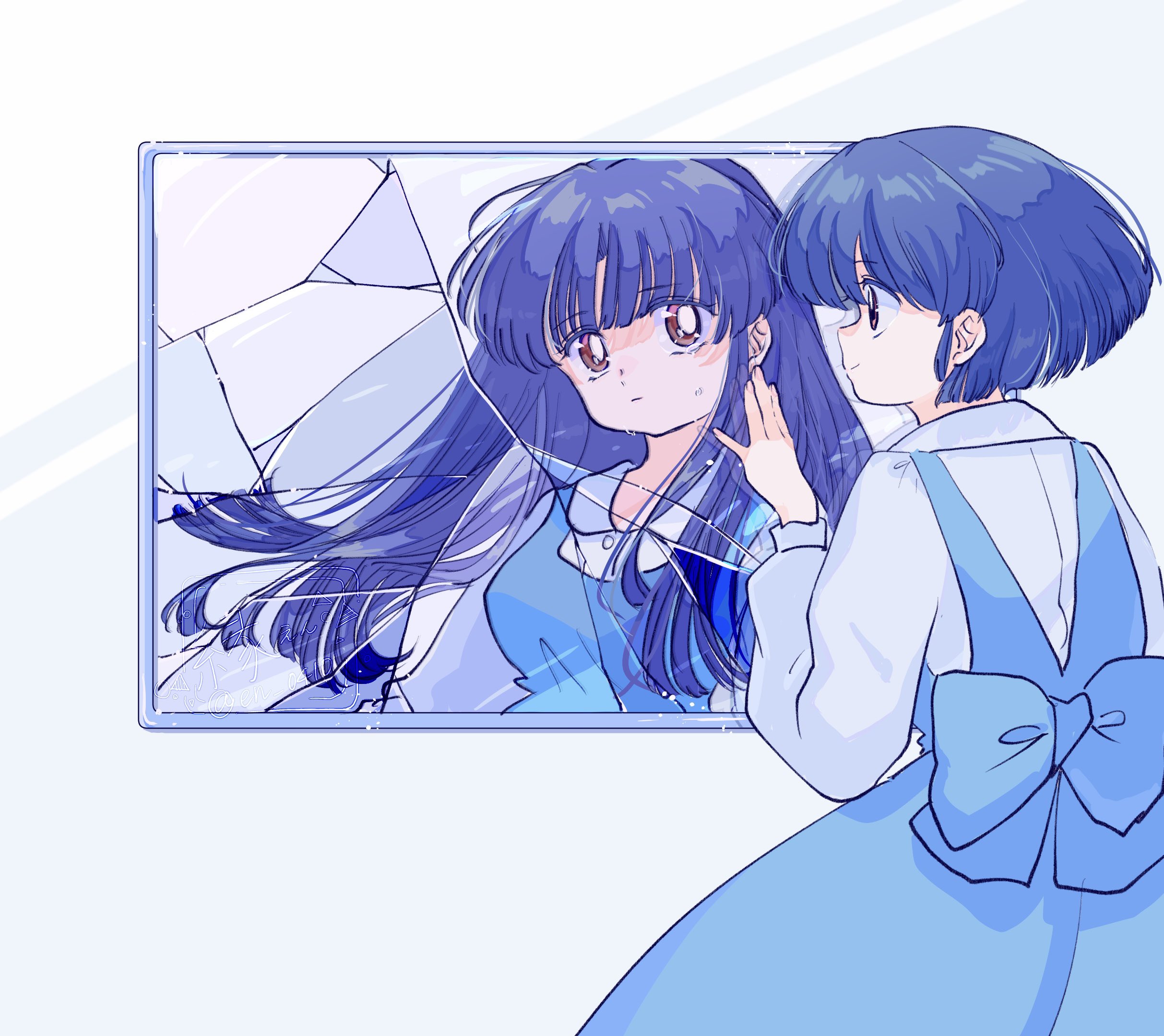 Safebooru 1girl back bow blue bow blue dress blue hair bow broken