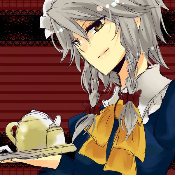 Safebooru braid hair bow izayoi sakuya lips short hair sketch teacup