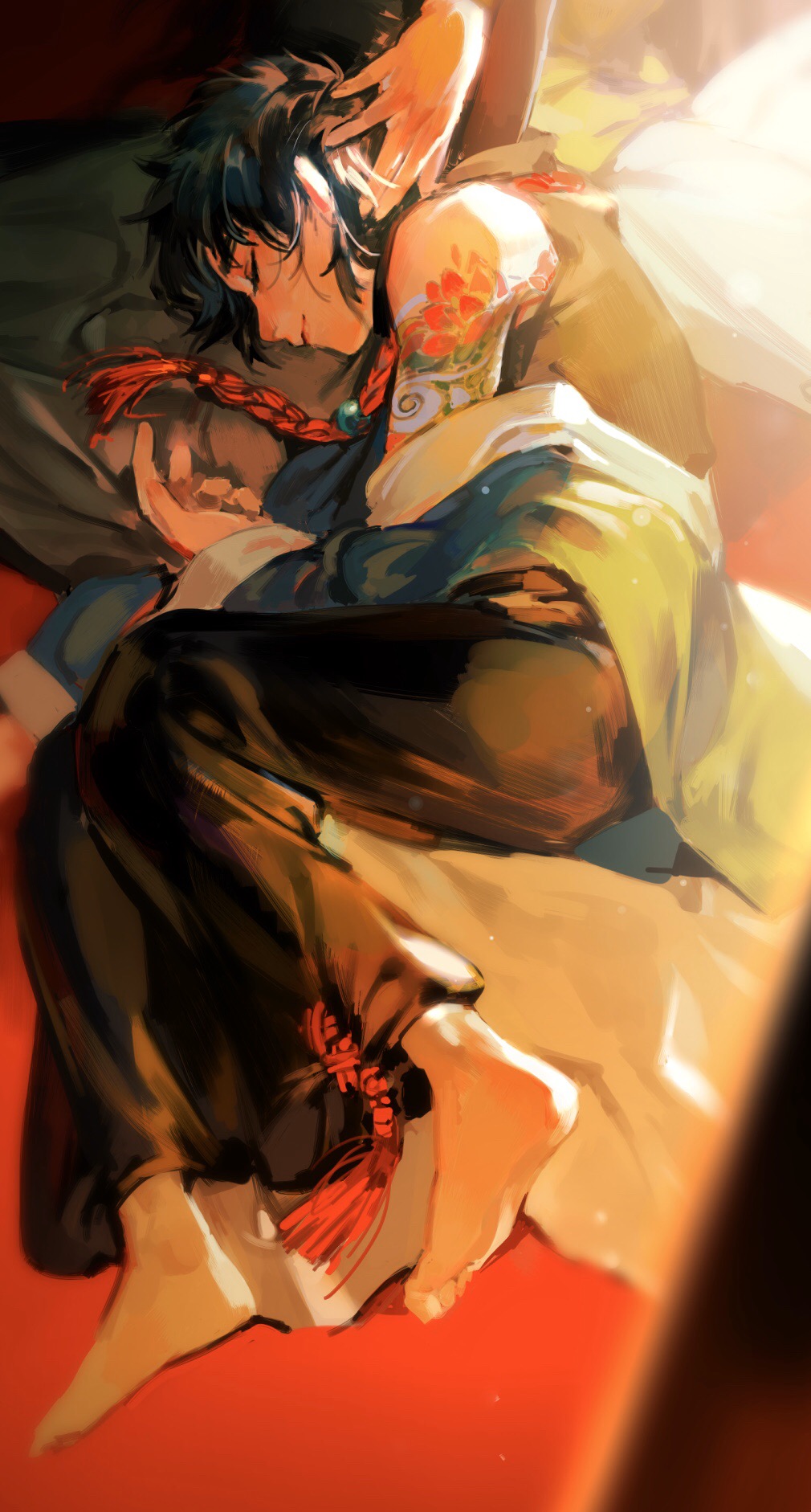 Safebooru - 1boy 1other arm tattoo bare shoulders barefoot black hair ...