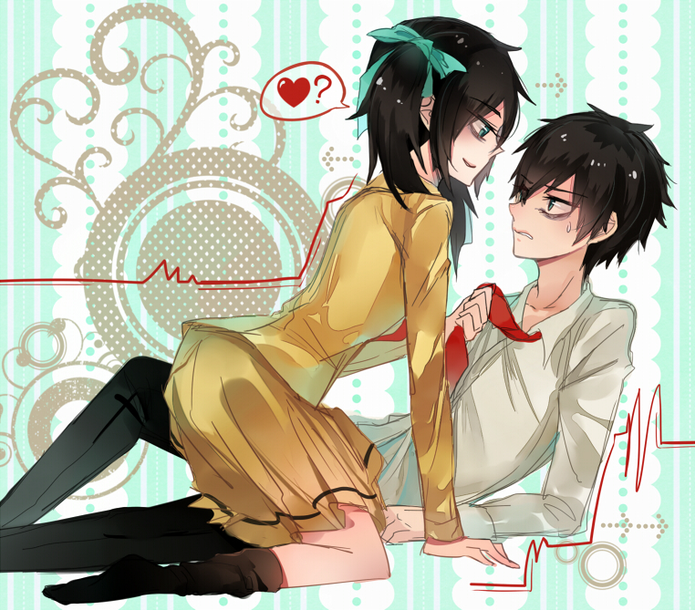 1boy 1girl ? bags_under_eyes black_hair green_eyes hair_ribbon heart kuroki_tomoki ...