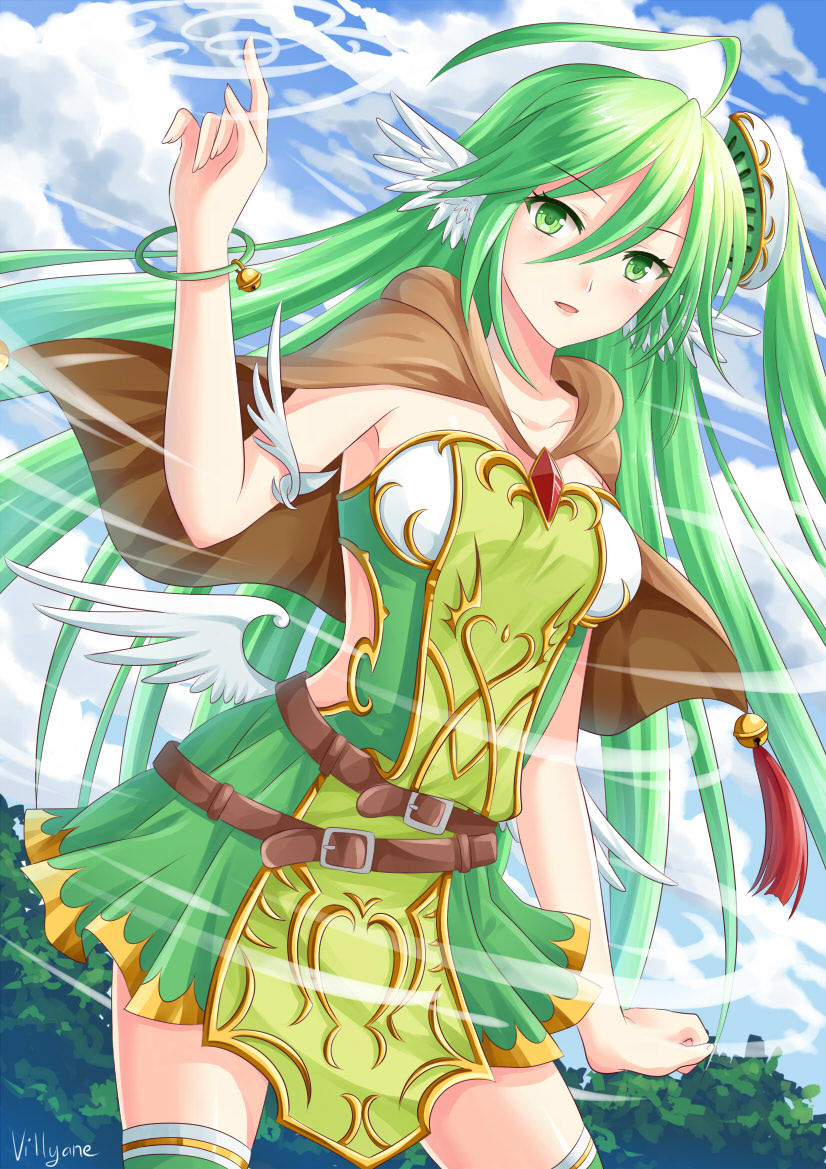 1girl :d ahoge cape green_eyes green_hair green_legwear hair_ornament long_...