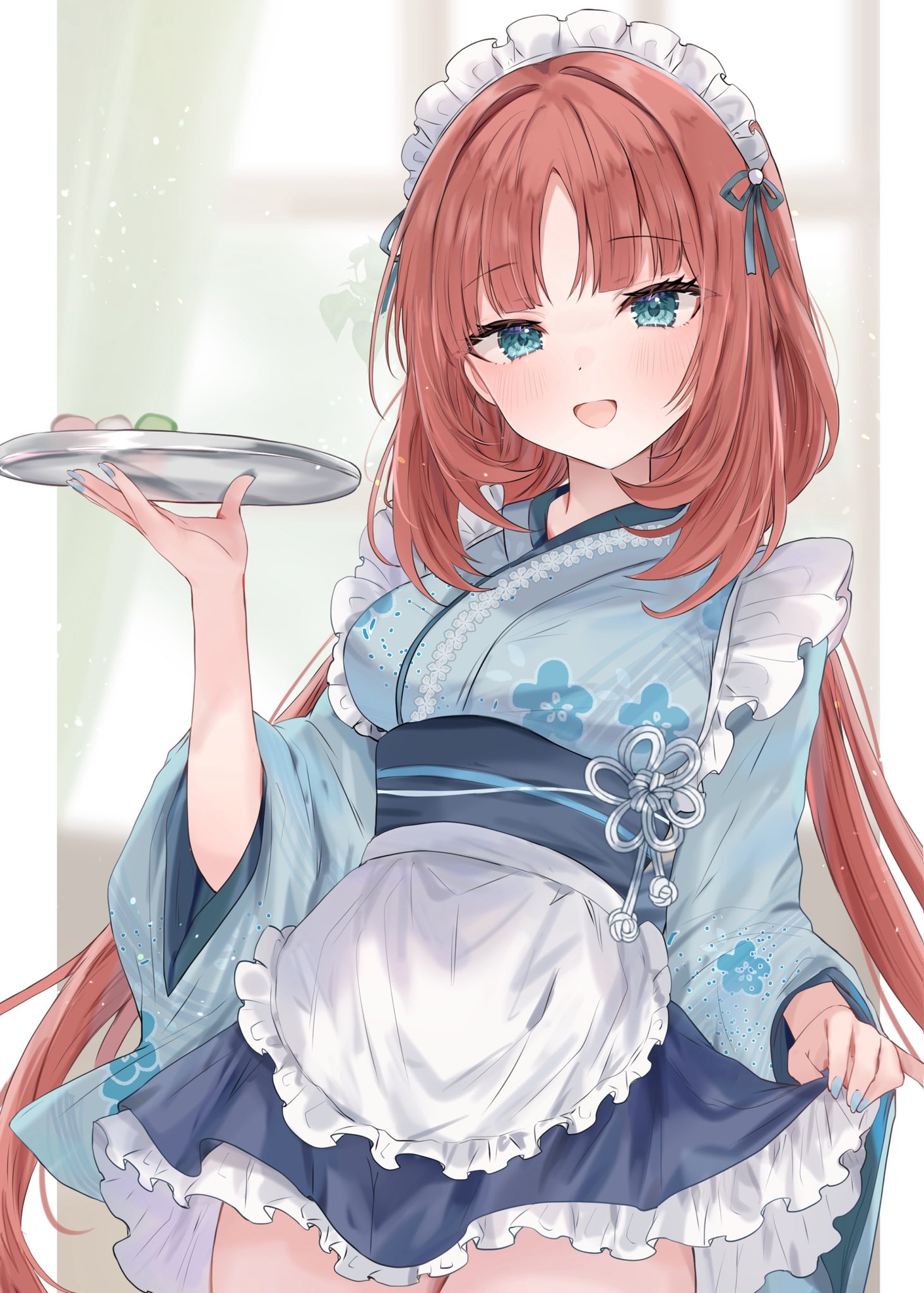 Safebooru - 1girl :d alternate costume apron blue eyes blue kimono blue ...