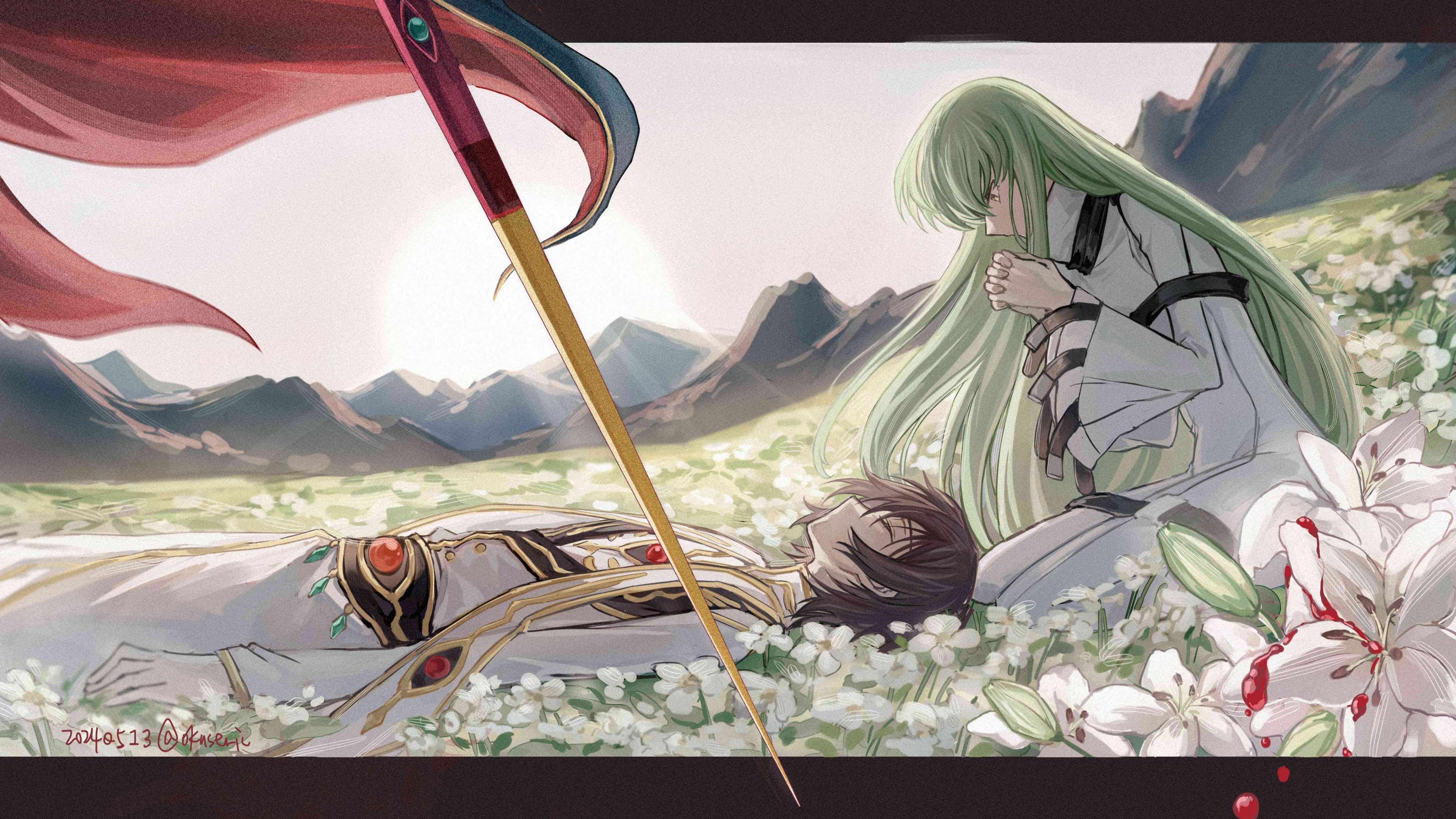 Safebooru - 1boy 1girl absurdres black background black cloak blood on ...