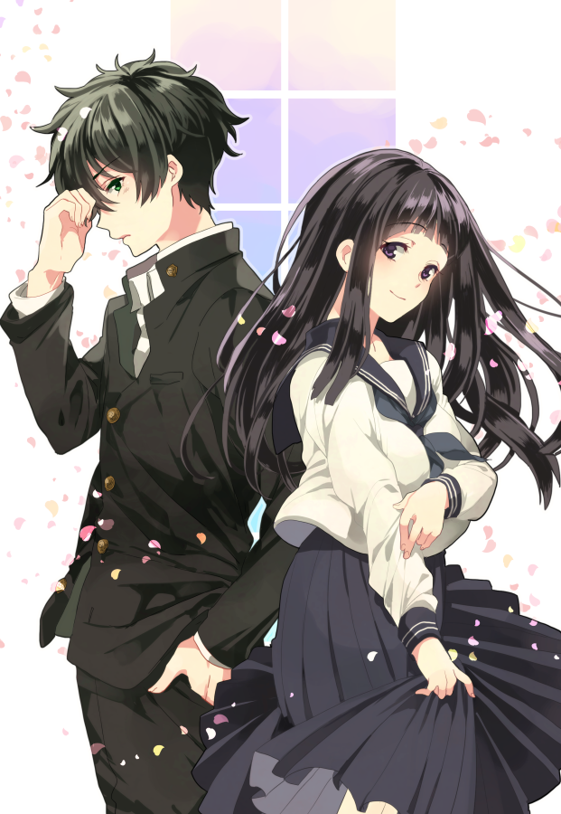 Safebooru 1boy 1girl Back To Back Black Hair Chitanda Eru Gakuran Green Eyes Hyouka Long Hair 2421