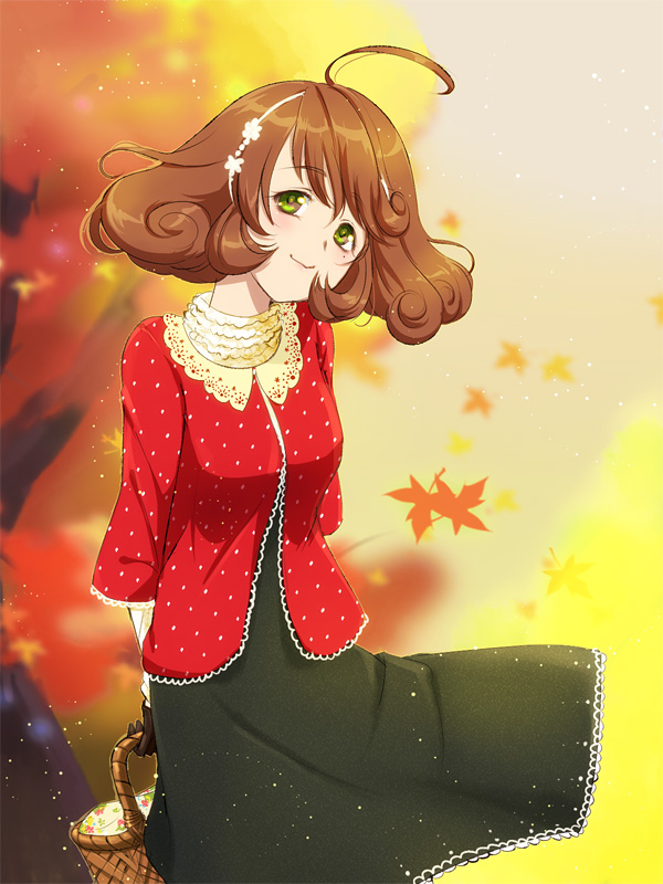 Safebooru 1girl ahoge arms behind back autumn basket black dress