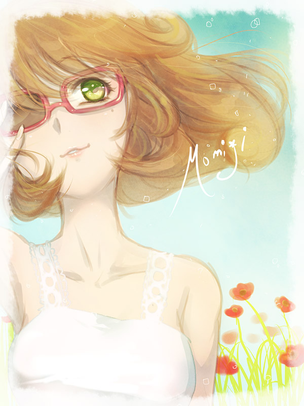 Safebooru 1girl brown hair character name flower galibo glasses green