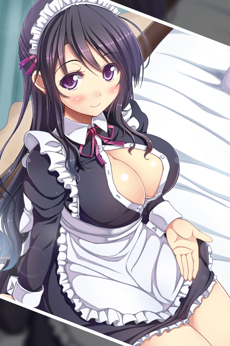 1girl apron black_hair blush breasts cleavage female large_breasts long_hai...