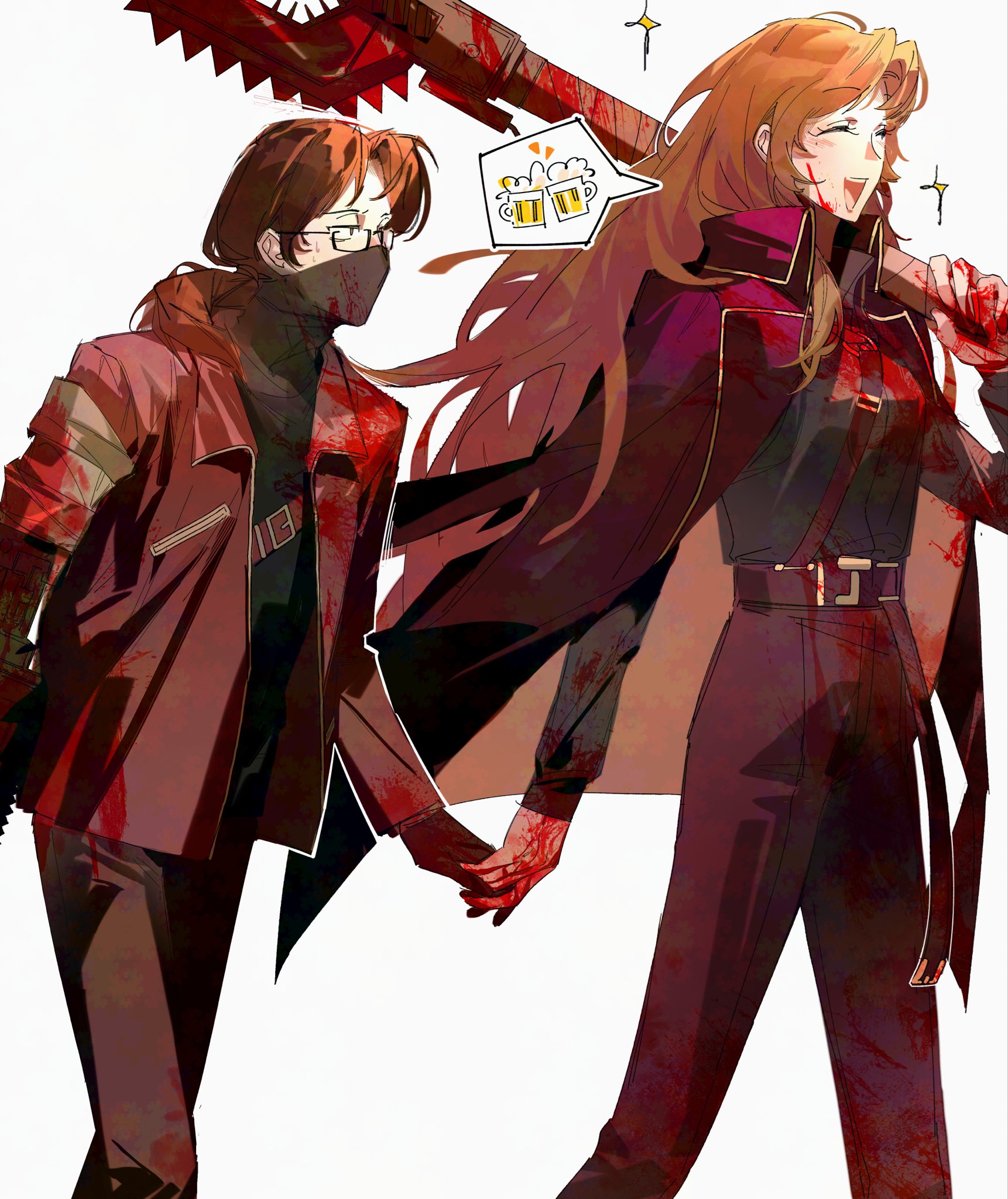 Safebooru - 1boy 1girl alcohol beer belt blood blood on clothes breasts ...