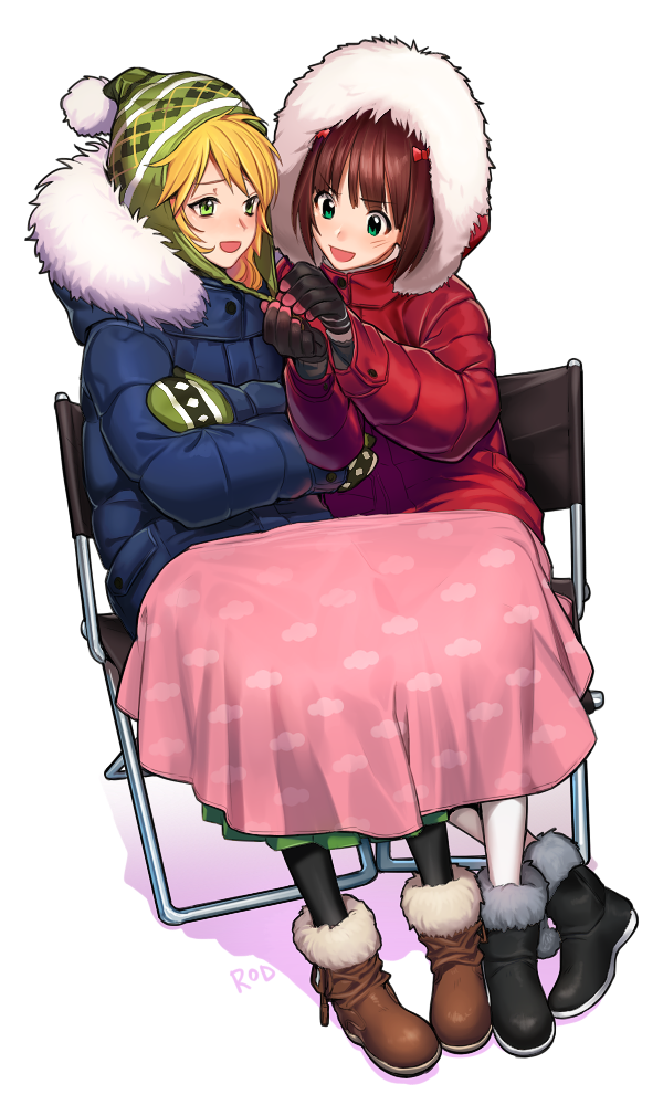 Safebooru 2girls Amami Haruka Beanie Blanket Blonde Hair Brown Hair Gloves Green Eyes Hat Hood 9705