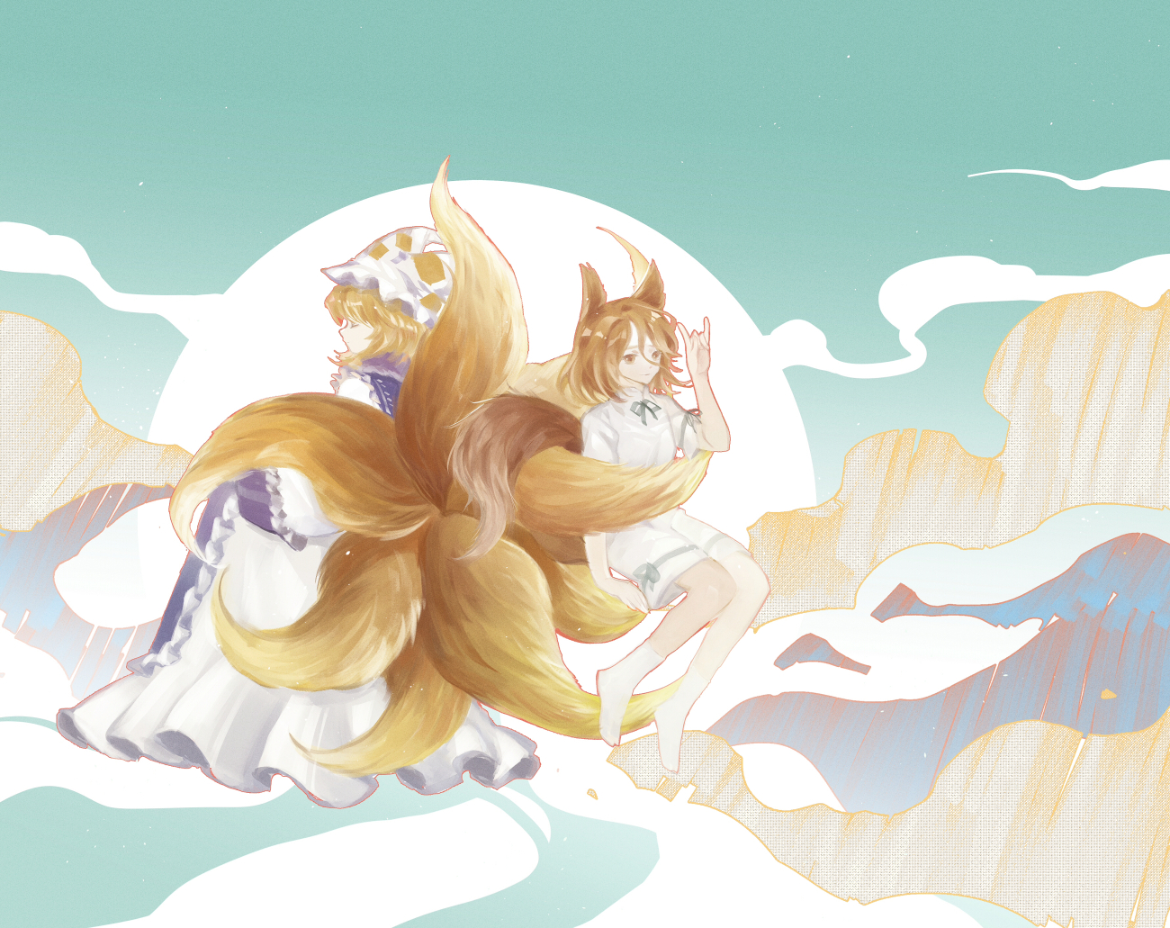 Safebooru - 2girls \n/ animal ears animal hat back-to-back blonde hair ...