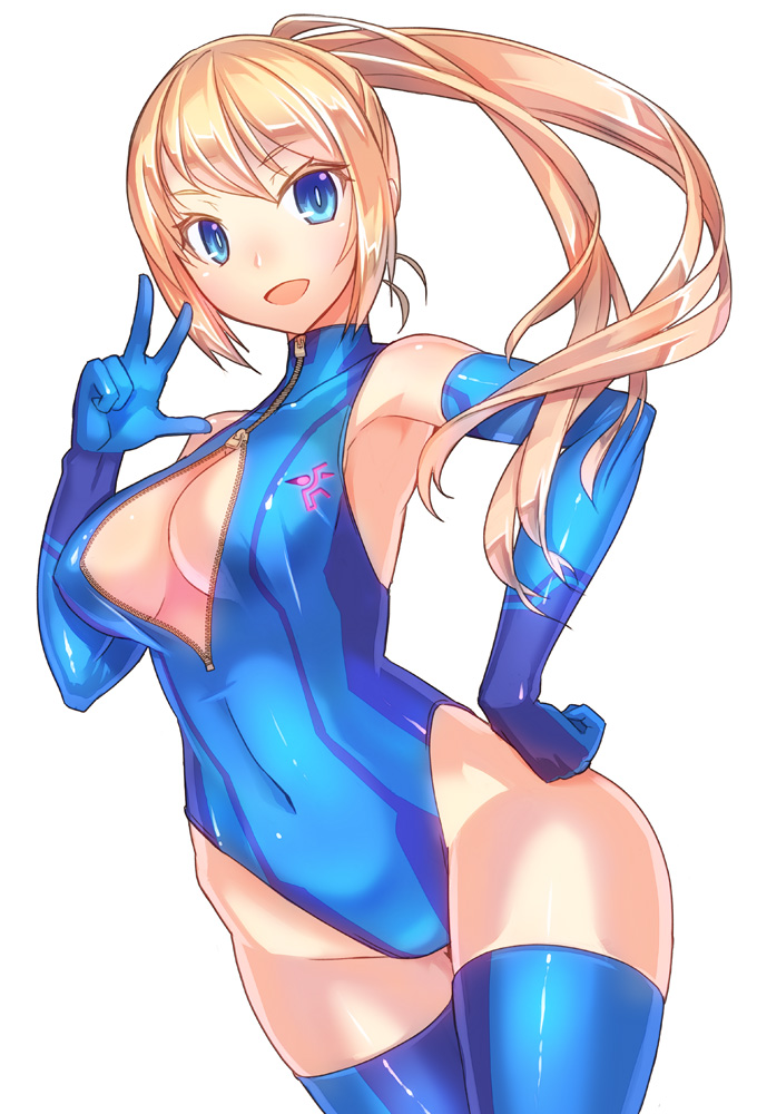 one-piece_swimsuit open_mouth ponytail samus_aran simple_background smile s...