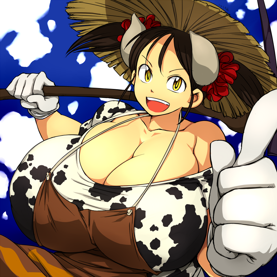 1girl :d apron breasts brown_hair cleavage cow_horns cow_print gigantic_bre...