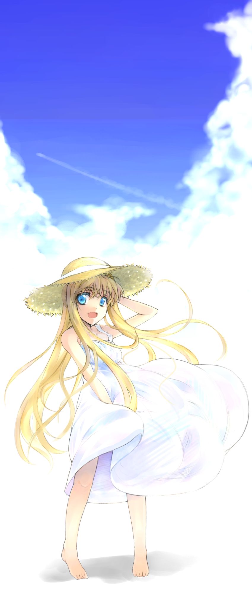 Safebooru 1girl Air Barefoot Blonde Hair Blue Eyes Dress Hair Down Hara Takehito Hat Highres 9842