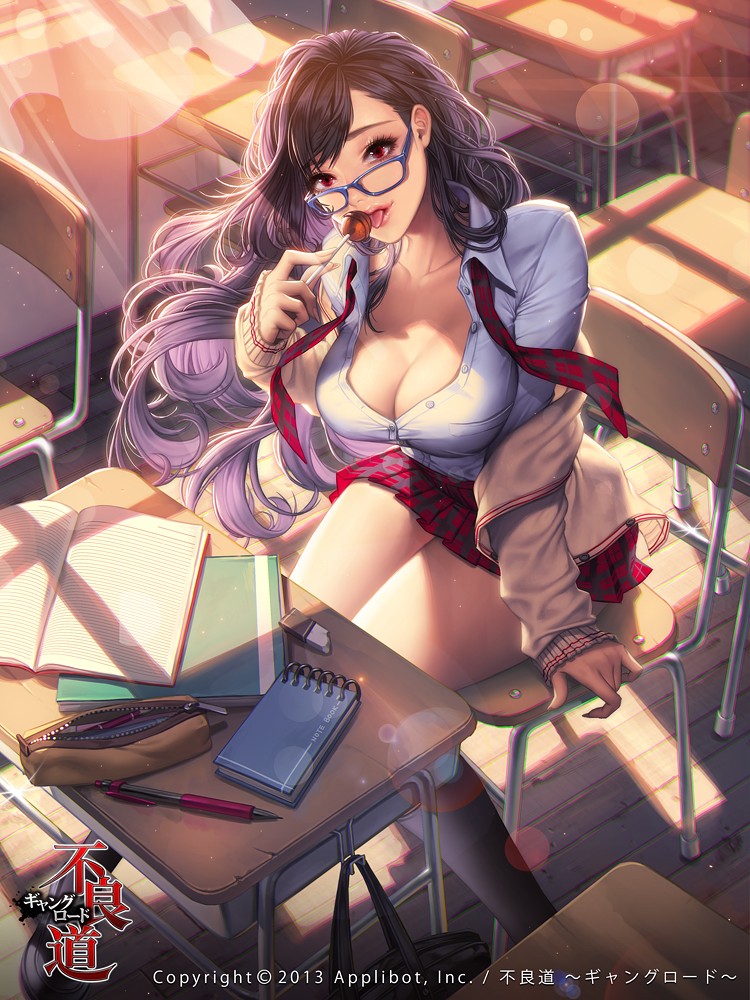 ...blue-framed_glasses breasts candy cardigan chair classroom cleavage desk...