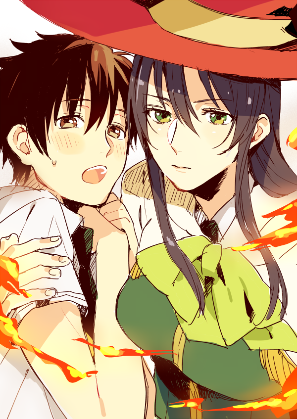 ...brown_eyes brown_hair clenched_hands collared_shirt fire green_eyes hand...