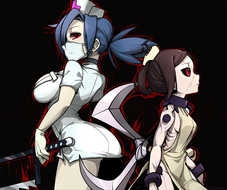 ++ 2girls ass back-to-back black_sclera blood blue_hair breasts brown_hair ...