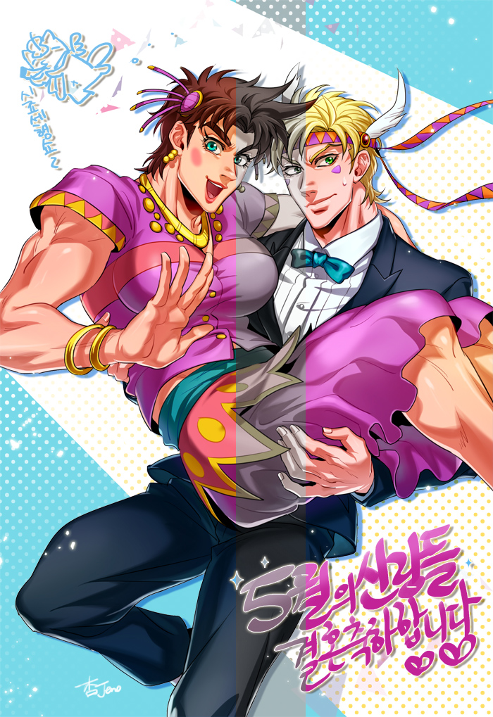 2boys anz blonde_hair breasts brown_hair caesar_anthonio_zeppeli carrying c...