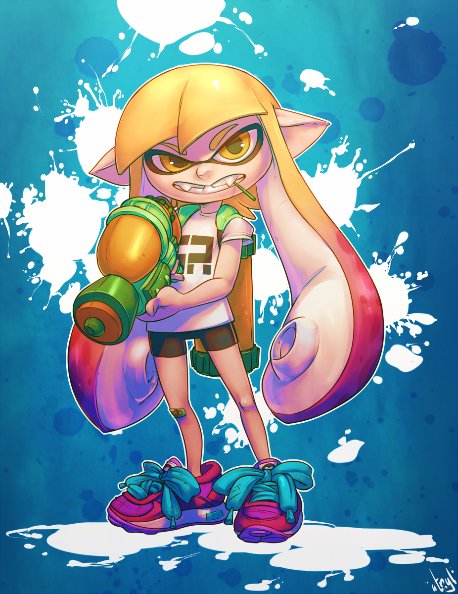 Safebooru - 1girl Atryl Bandaid Bike Shorts Fangs Gun Highres Inkling 