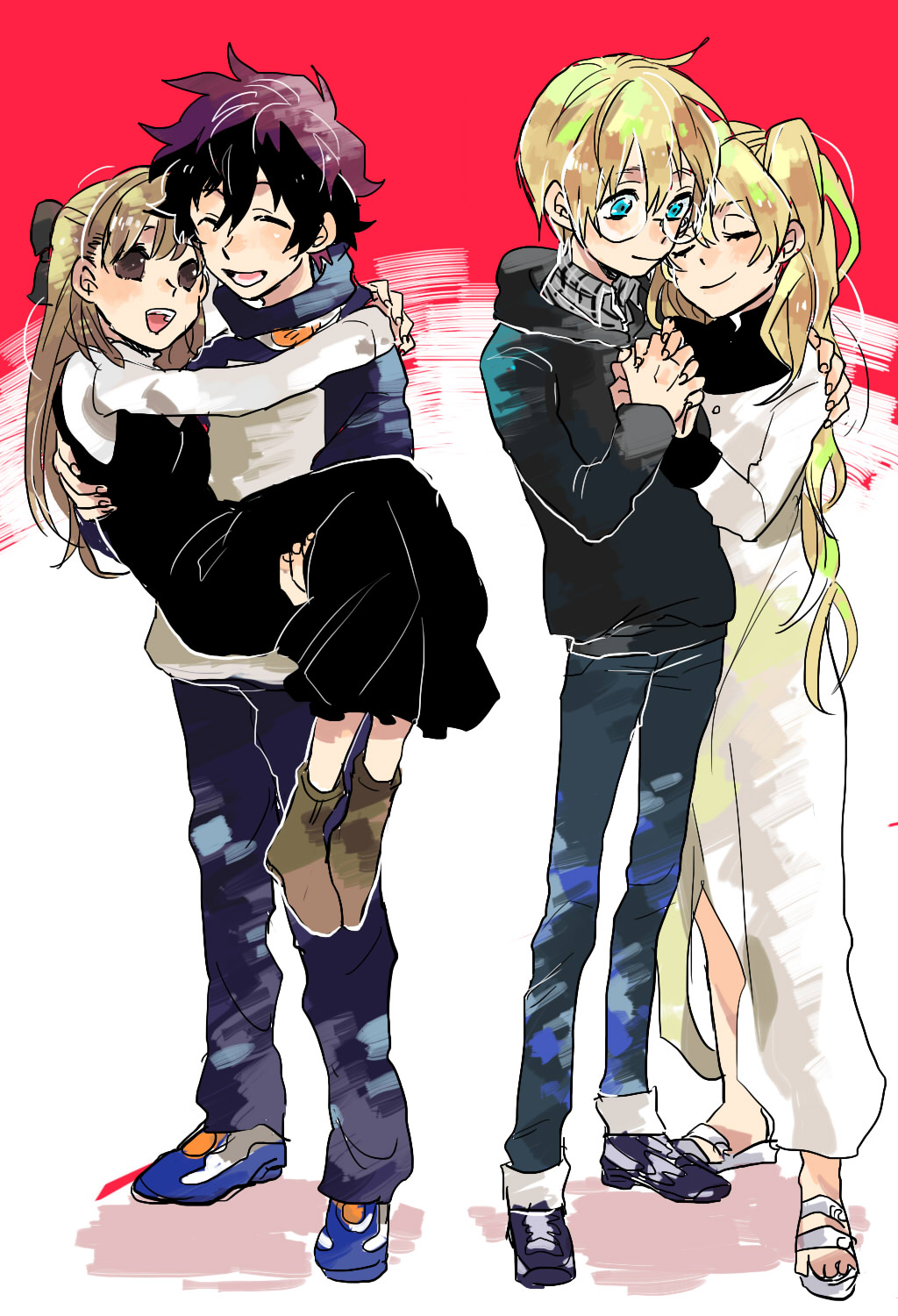 (kekkai_sensen) brother_and_sister carrying closed_eyes highres hug kekkai_sensen...