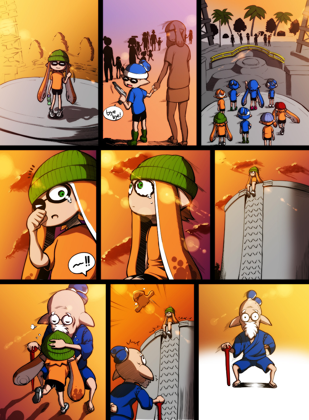 4girls 5boys artist_request comic highres hug inkling monster_boy monster_g...