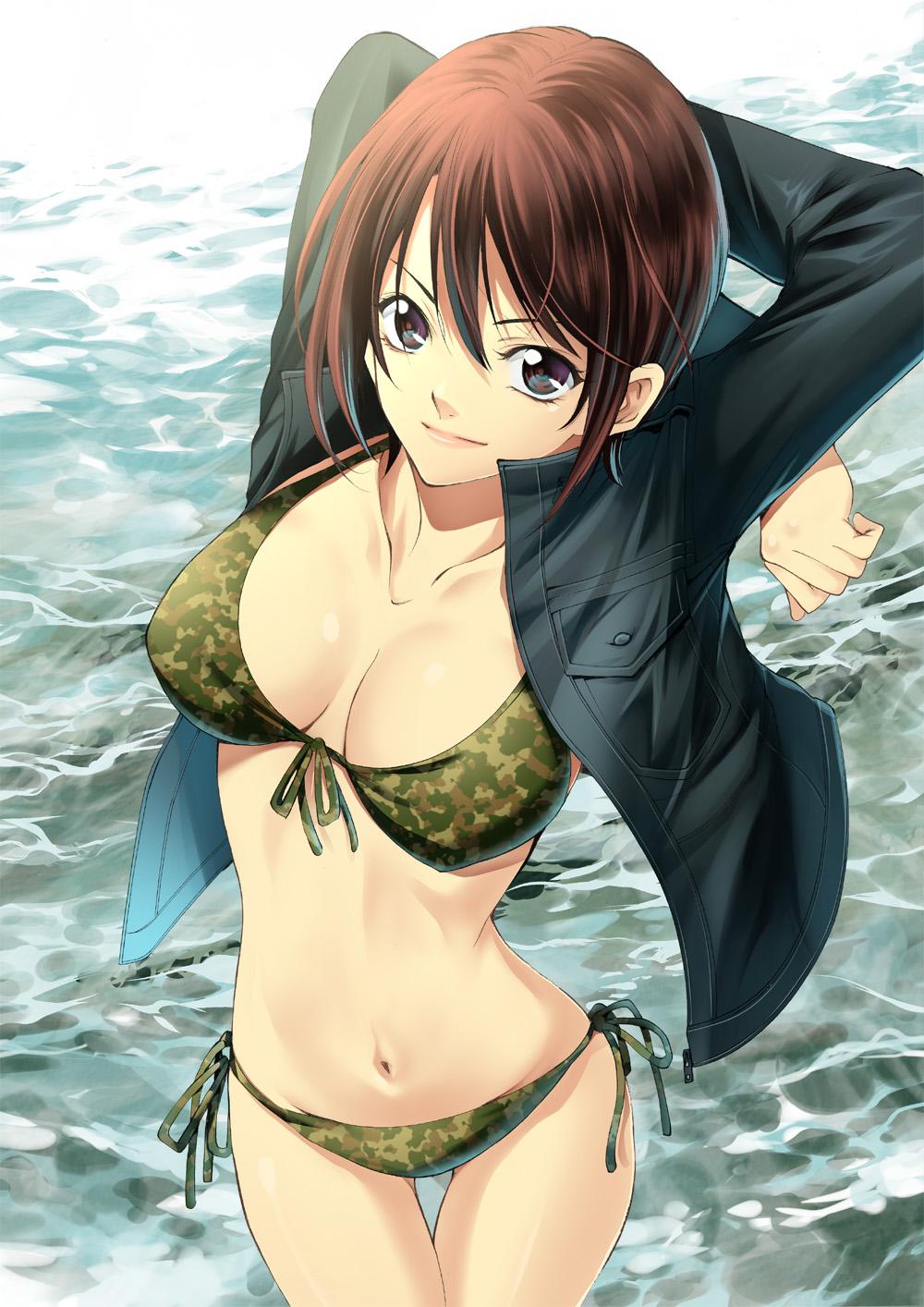 1girl aoi_fuuka arms_up beach bikini bikini_top breasts brown_eyes brown_ha...