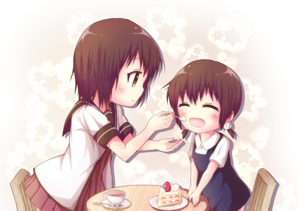 2girls :d brown_eyes brown_hair cake chair closed_eyes closed_mouth cup fee...