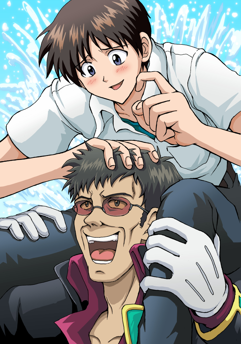 2boys black_hair blue_eyes blush brown_hair father_and_son glasses gloves i...