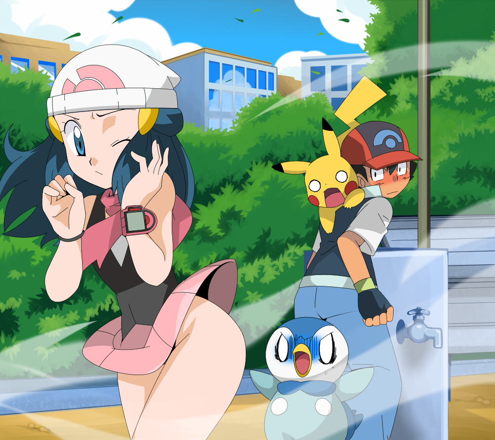 1boy 1girl baseball_cap beanie black_hair blue_eyes blue_hair blush fingerl...