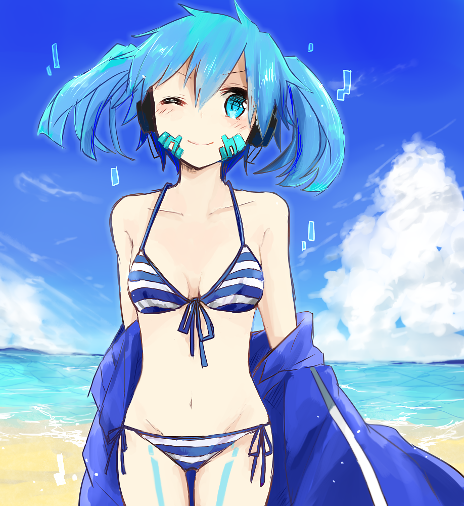 1girl ;) akebisousaku beach bikini blue_hair blush clouds ene(kagerou_proje...