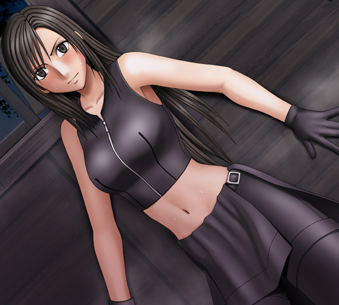 Safebooru - 1girl against wall bangs bare arms black clothes