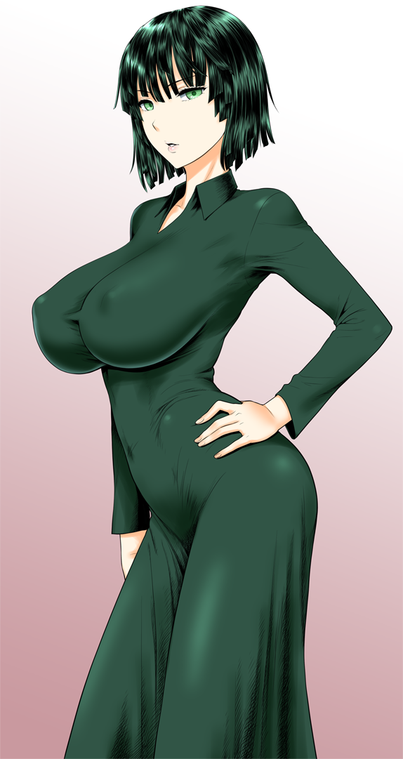 bangs black_hair breasts dress fubuki(onepunch_man) green_dress green_eyes ...