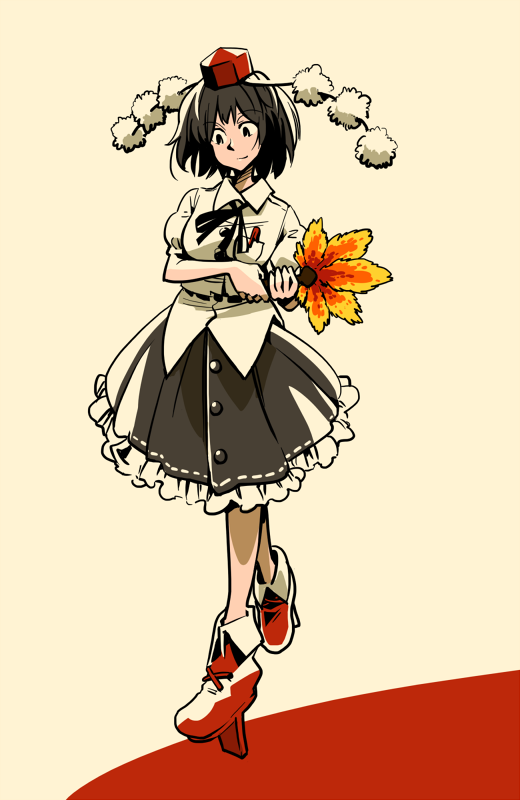 Safebooru 1girl Black Hair Black Skirt Breasts Brown Background Buttons Fan Floating Frilled 9610