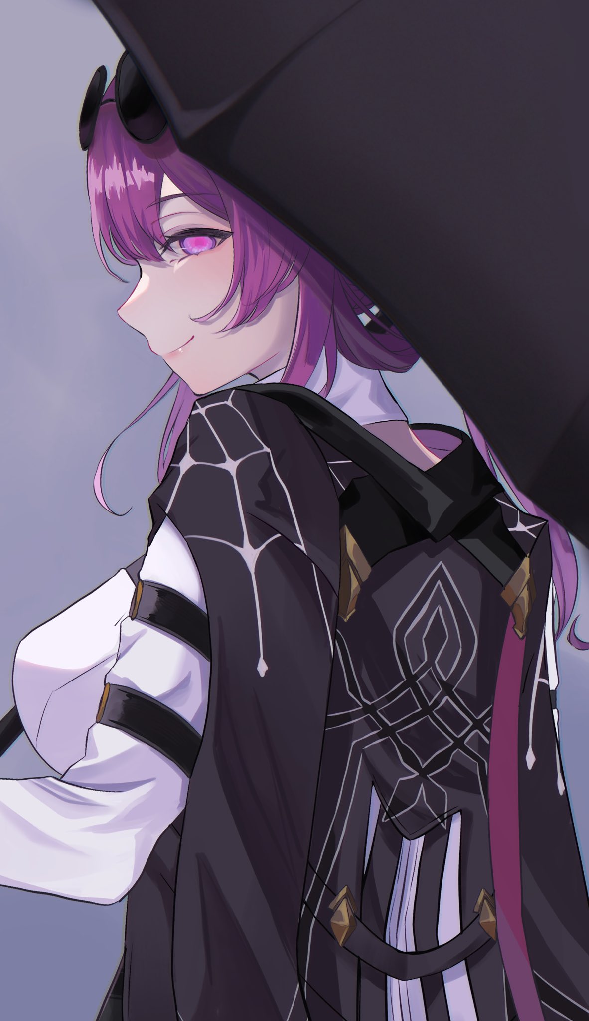 Godone Safebooru - 1girl black jacket black umbrella breasts eyewear on head ...