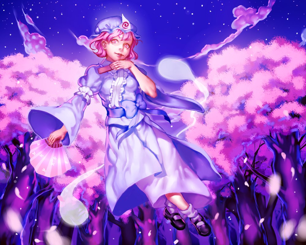 Safebooru 1girl Blue Dress Cherry Blossoms Dress Fan Ghost Hat