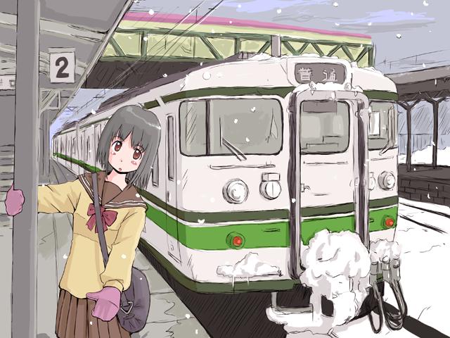 Safebooru - mittens peaceful school uniform snow train train station ...