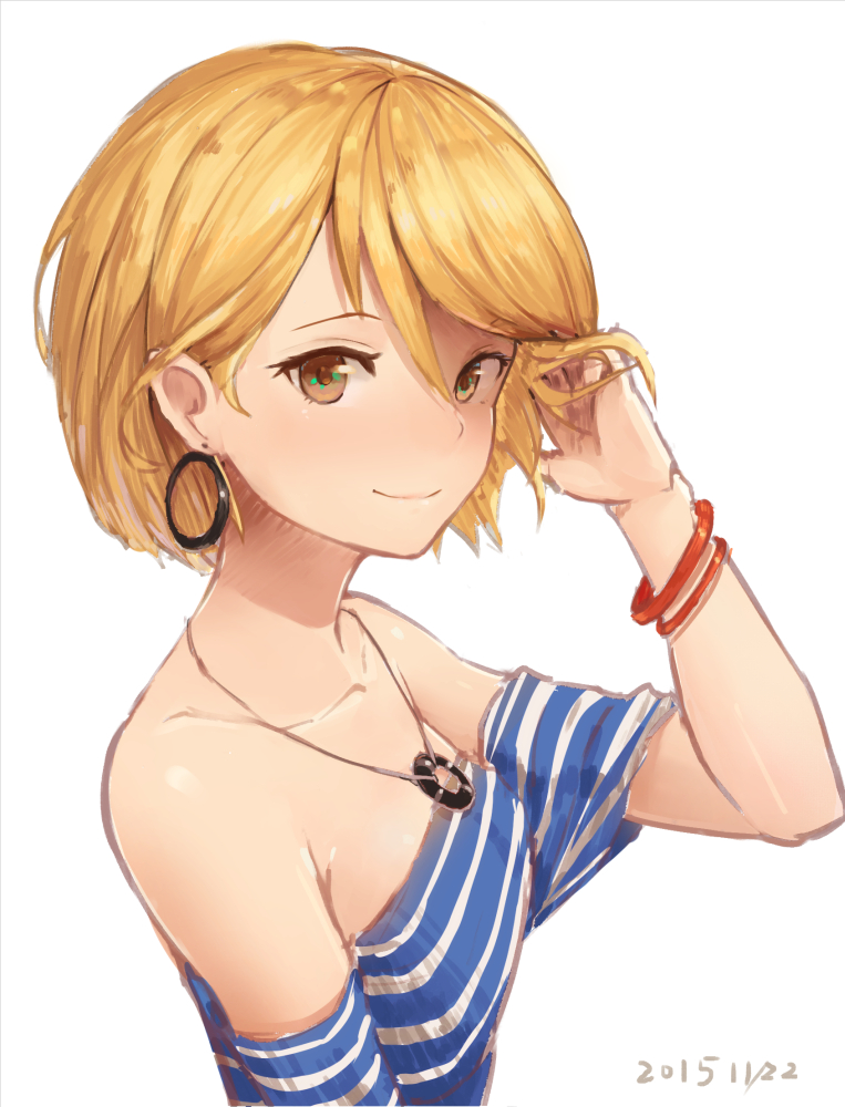 blonde_hair blue_shirt bracelet brown_eyes dated earrings hair_between_eyes...