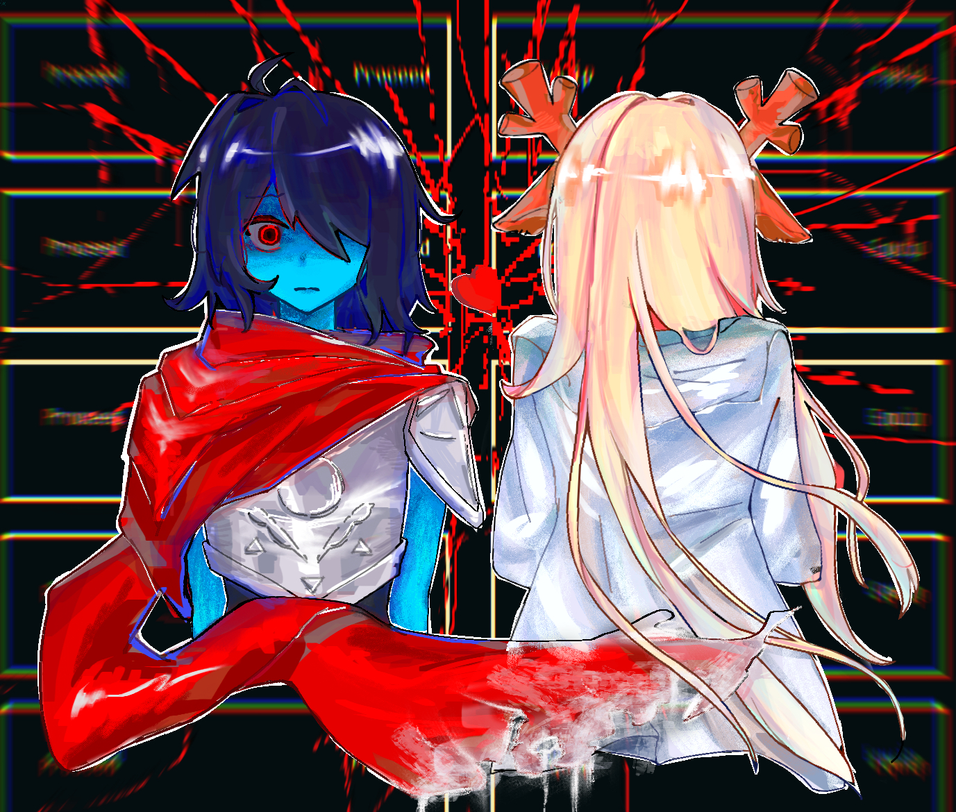 Safebooru - 1girl 1other antlers armor blonde hair blue hair blue skin ...
