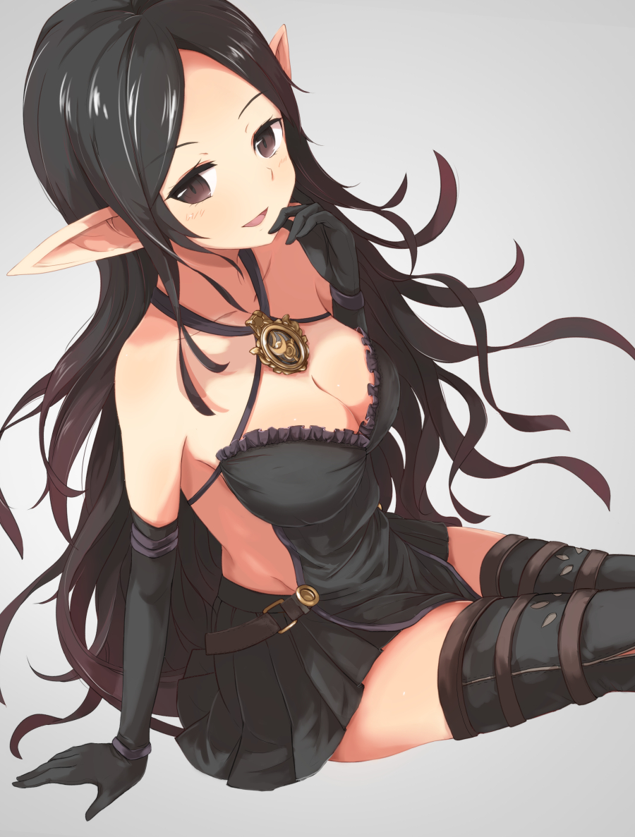1girl arm_support backless_outfit bare_shoulders black_hair breasts brown_e...