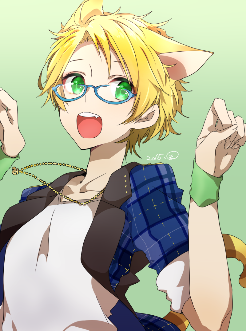...fang glasses green_eyes jewelry necklace paw_pose solo tail yurixxx yuuk...