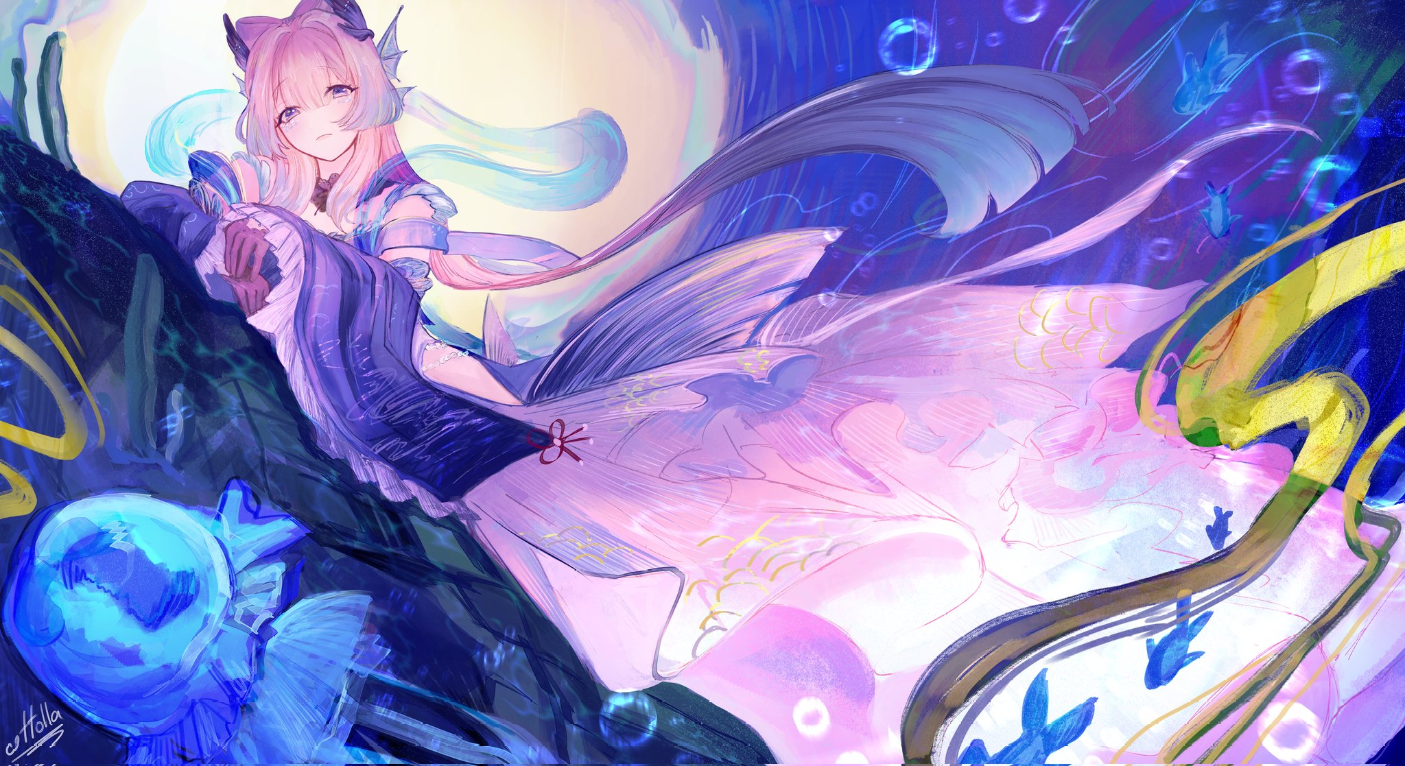 Safebooru - 1girl air bubble artist name bare shoulders blue background ...