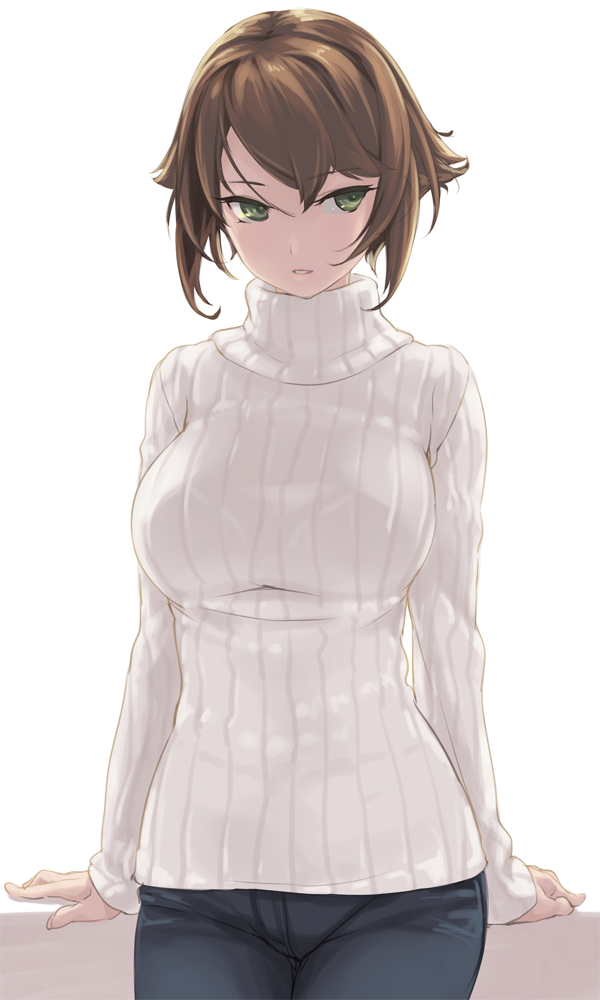 ...jeans kantai_collection large_breasts leaning_back long_sleeves looking_...
