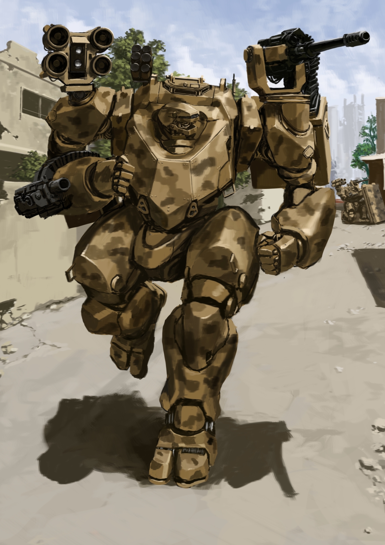 Safebooru - arm mounted weapon blue sky camouflage clouds gun highres ...