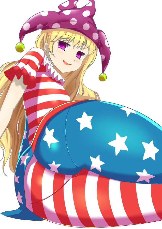 1girl :d american_flag_legwear american_flag_shirt ass blonde_hair blush cl...